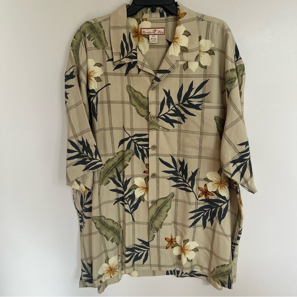 Men's Paradise Blue 100% Silk Hawaiian Button Front Shirt Short Sleeve‎ Size 2XL